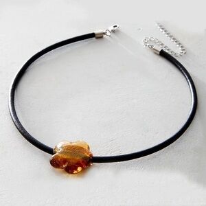 NWT Free People Black Leather Choker Necklace Amber Glass Flower accent